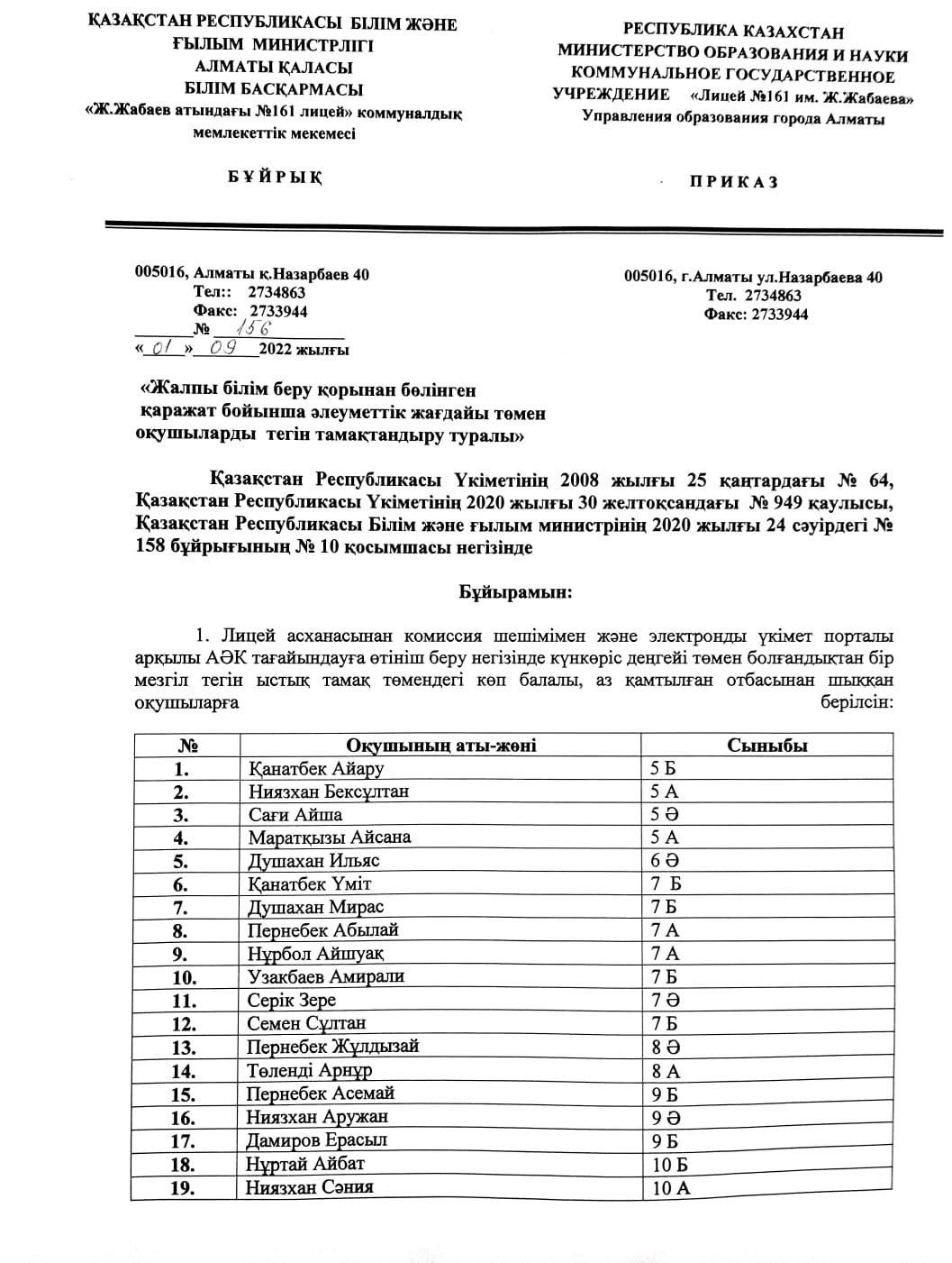«Жалпы білім беру қорынан бөлінген  қаражат бойынша әлеуметтік жағдайы төмен  оқушыларды  тегін тамақтандыру туралы»
