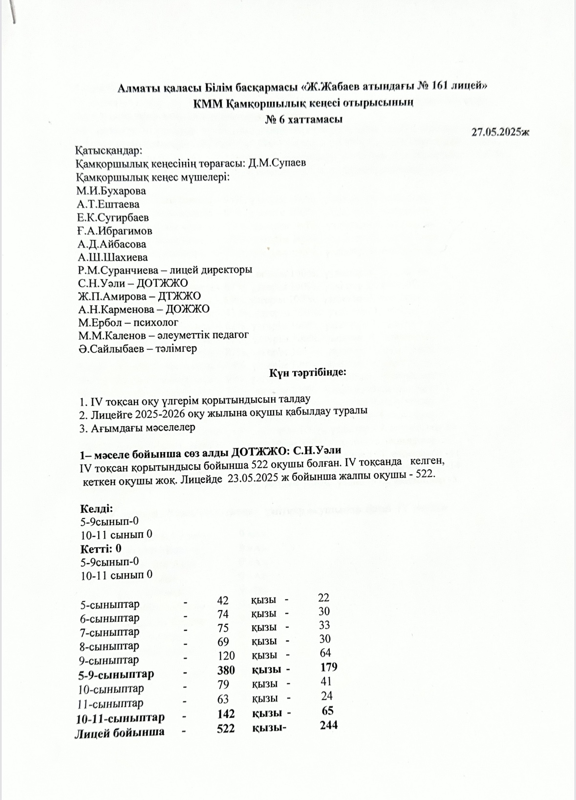 Қамқоршылық кеңесі отырысының  6 хаттамасы