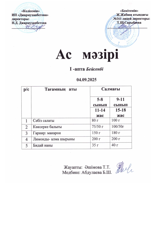 Күнделікті тегін тамақтанатын оқушылардың ас мәзірі