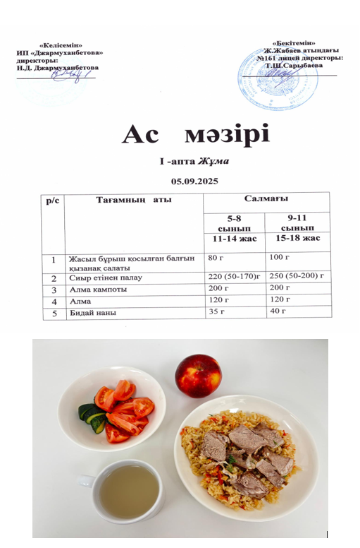 Күнделікті тегін тамақтанатын оқушылардың ас мәзірі