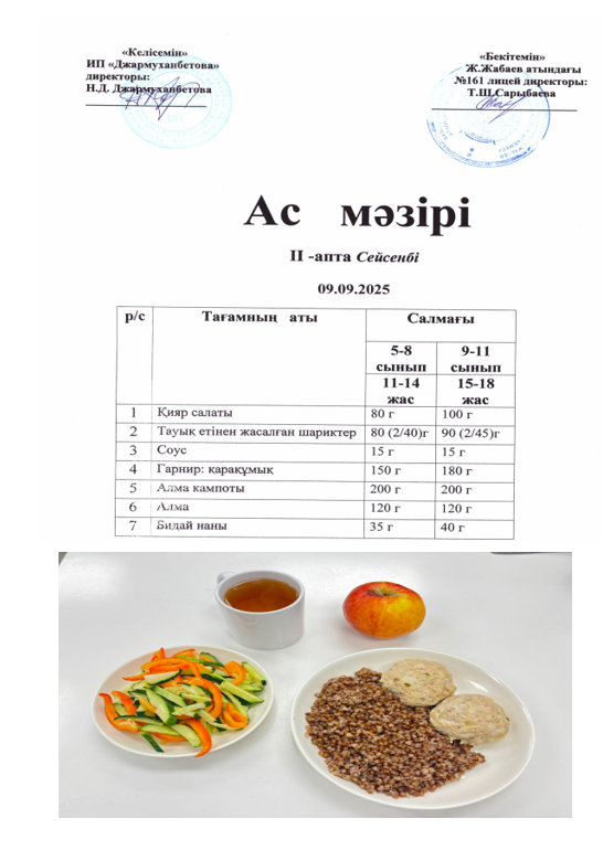 Күнделікті тегін тамақтанатын оқушылардың ас мәзірі