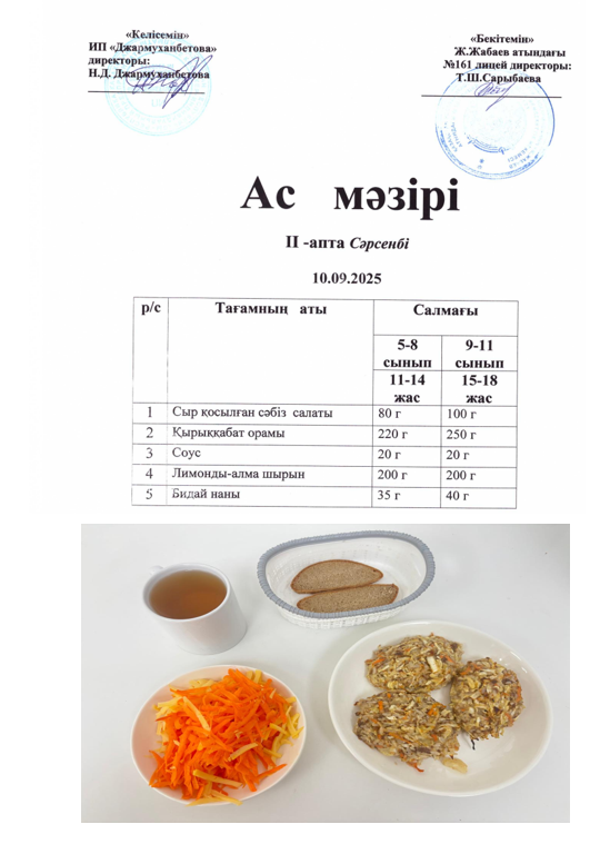 Күнделікті тегін тамақтанатын оқушылардың ас мәзірі