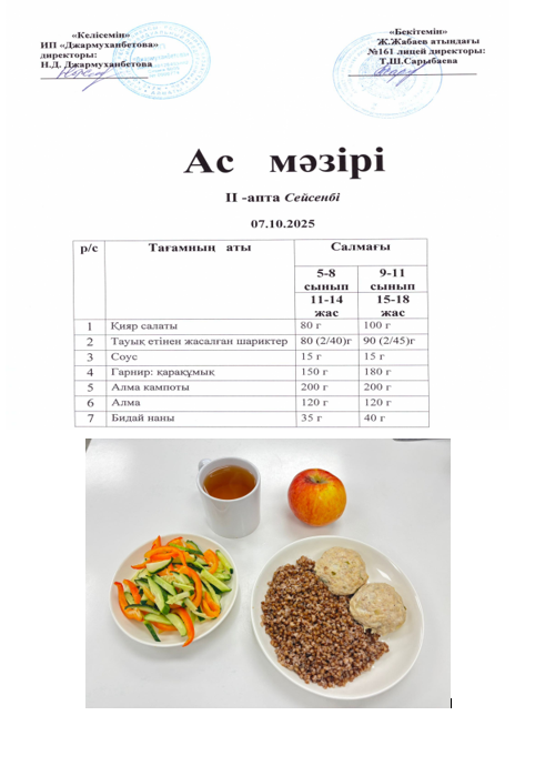 Күнделікті тегін тамақтанатын оқушылардың ас мәзірі