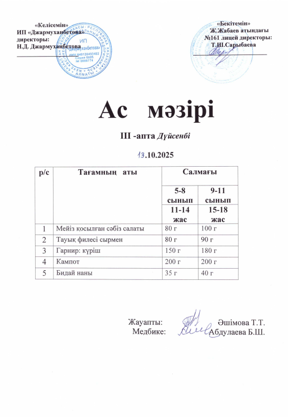 Күнделікті тегін тамақтанатын оқушылардың ас мәзірі