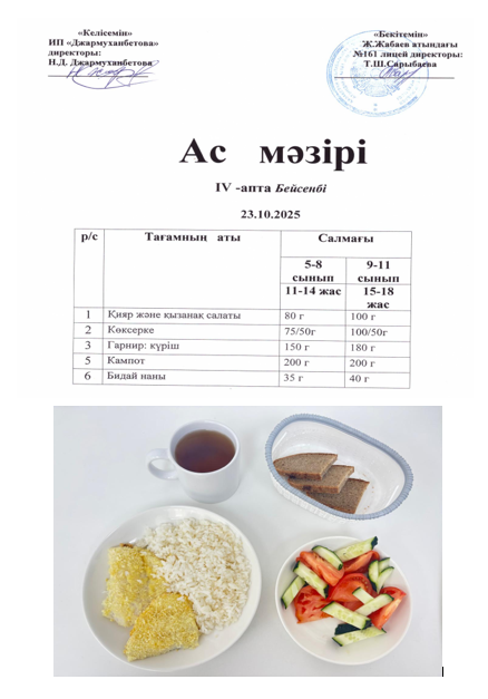 Күнделікті тегін тамақтанатын оқушылардың ас мәзірі