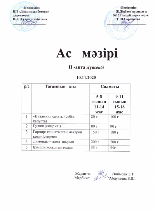 Күнделікті тегін тамақтанатын оқушылардың ас мәзірі