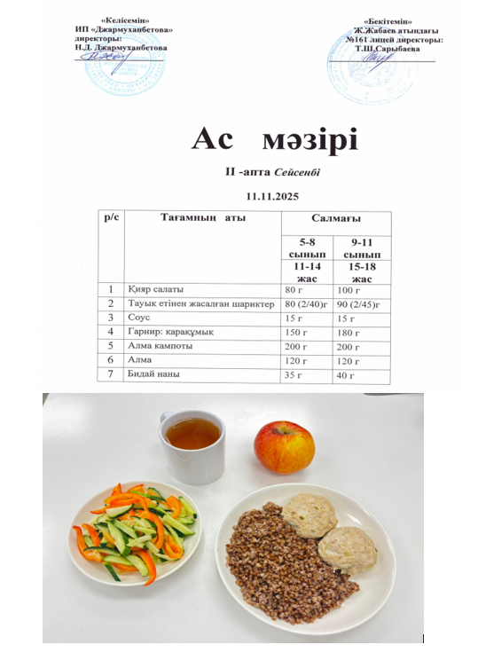 Күнделікті тегін тамақтанатын оқушылардың ас мәзірі