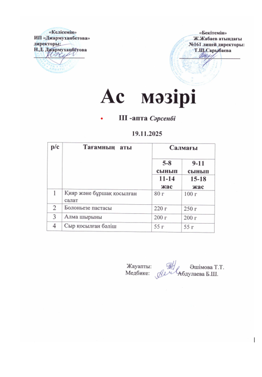 Тегін тамақтанатын оқушылардың ас мәзірі