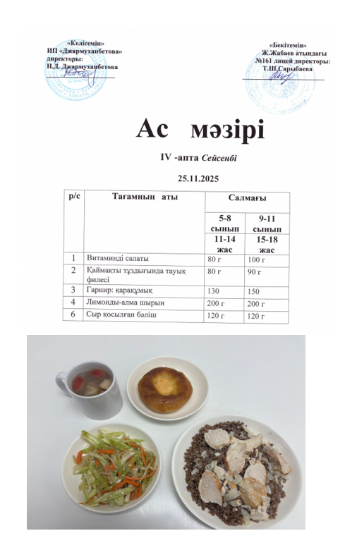 Тегін тамақтанатын оқушылардың ас мәзірі