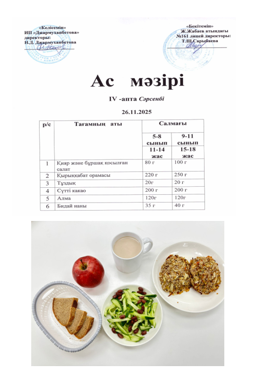 Тегін тамақтанатын оқушылардың ас мәзірі