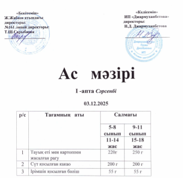 Күнделікті тегін тамақтанатын оқушылардың ас мәзірі