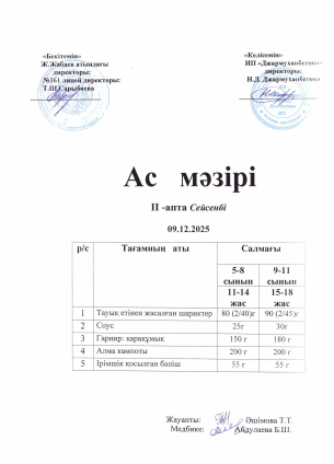 Күнделікті тегін тамақтанатын оқушылардың ас мәзірі