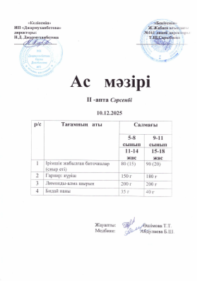 Күнделікті тегін тамақтанатын оқушылардың ас мәзірі