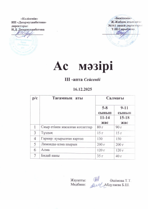 Күнделікті тегін тамақтанатын оқушылардың ас мәзірі
