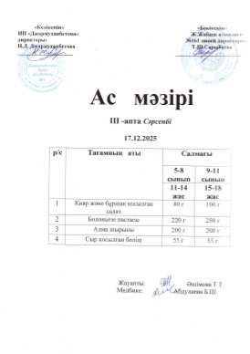 Күнделікті тегін тамақтанатын оқушылардың ас мәзірі