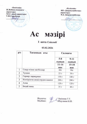 Күнделікті тегін тамақтанатын оқушылардың ас мәзірі