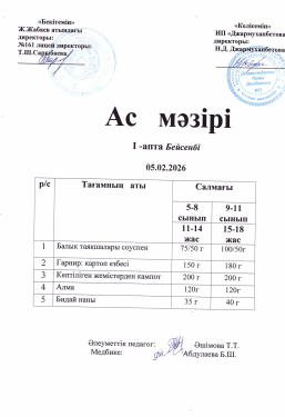 Күнделікті тегін тамақтанатын оқушылардың ас мәзірі