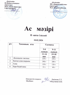 Күнделікті тегін тамақтанатын оқушылардың ас мәзірі