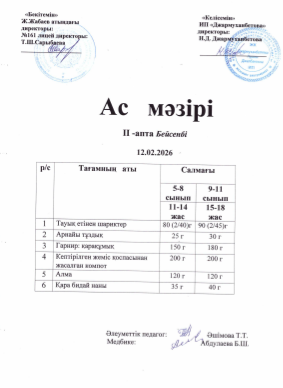 Күнделікті тегін тамақтанатын оқушылардың ас мәзірі