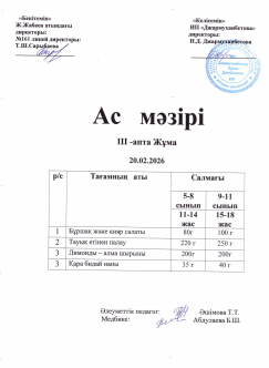 Күнделікті тегін тамақтанатын оқушылардың ас мәзірі