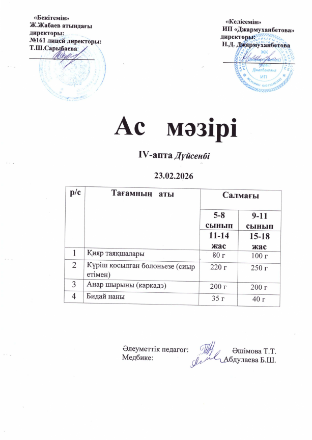 Күнделікті тегін тамақтанатын оқушылардың ас мәзірі
