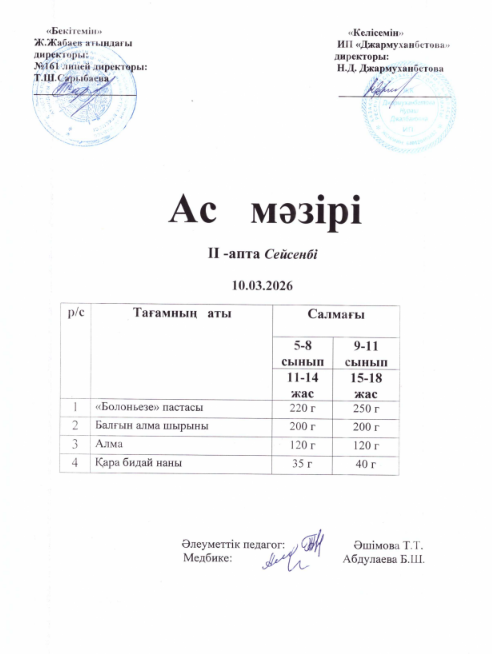 Күнделікті тегін тамақтанатын оқушылардың ас мәзірі
