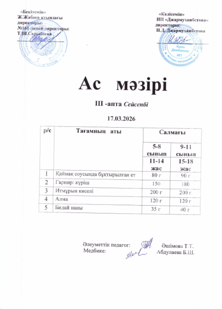 Күнделікті тегін тамақтанатын оқушылардың ас мәзірі