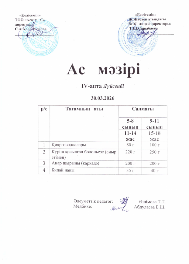 Күнделікті тегін тамақтанатын оқушылардың ас мәзірі